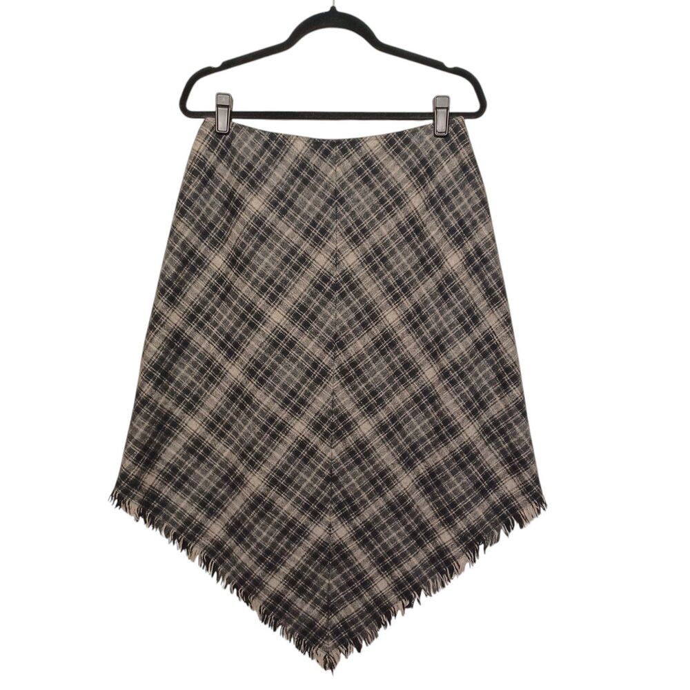 Rafaella Skirt 8 Wool Gray Plaid Print Asymmetrical Fringe Hem Midi Knee Length